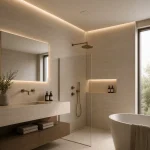 Architectonisch interieurdetail met natuursteen en hout